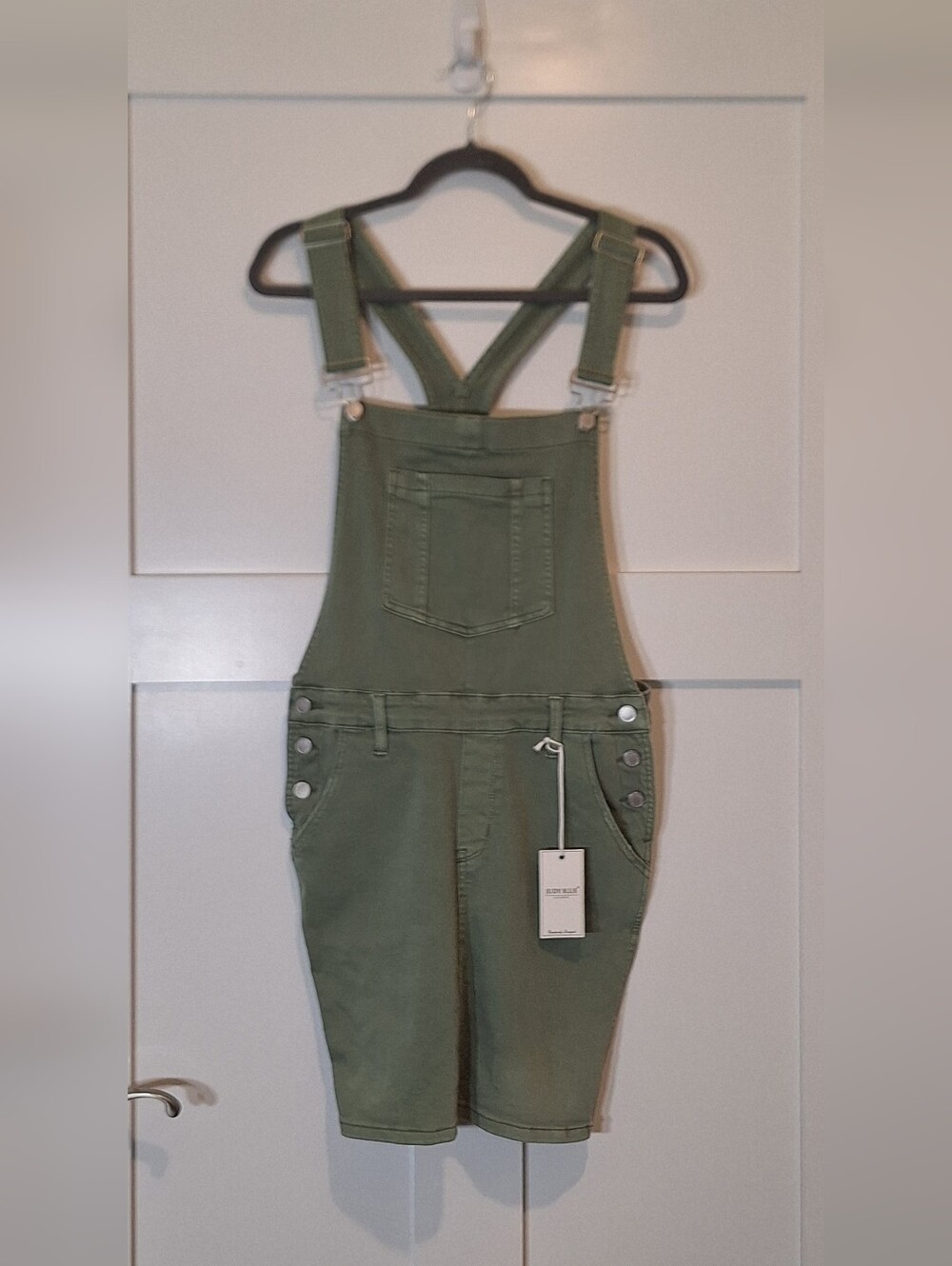 Judy Blue Overall Jumper Mini Dress Sage Green Denim Stretch Pockets Medium